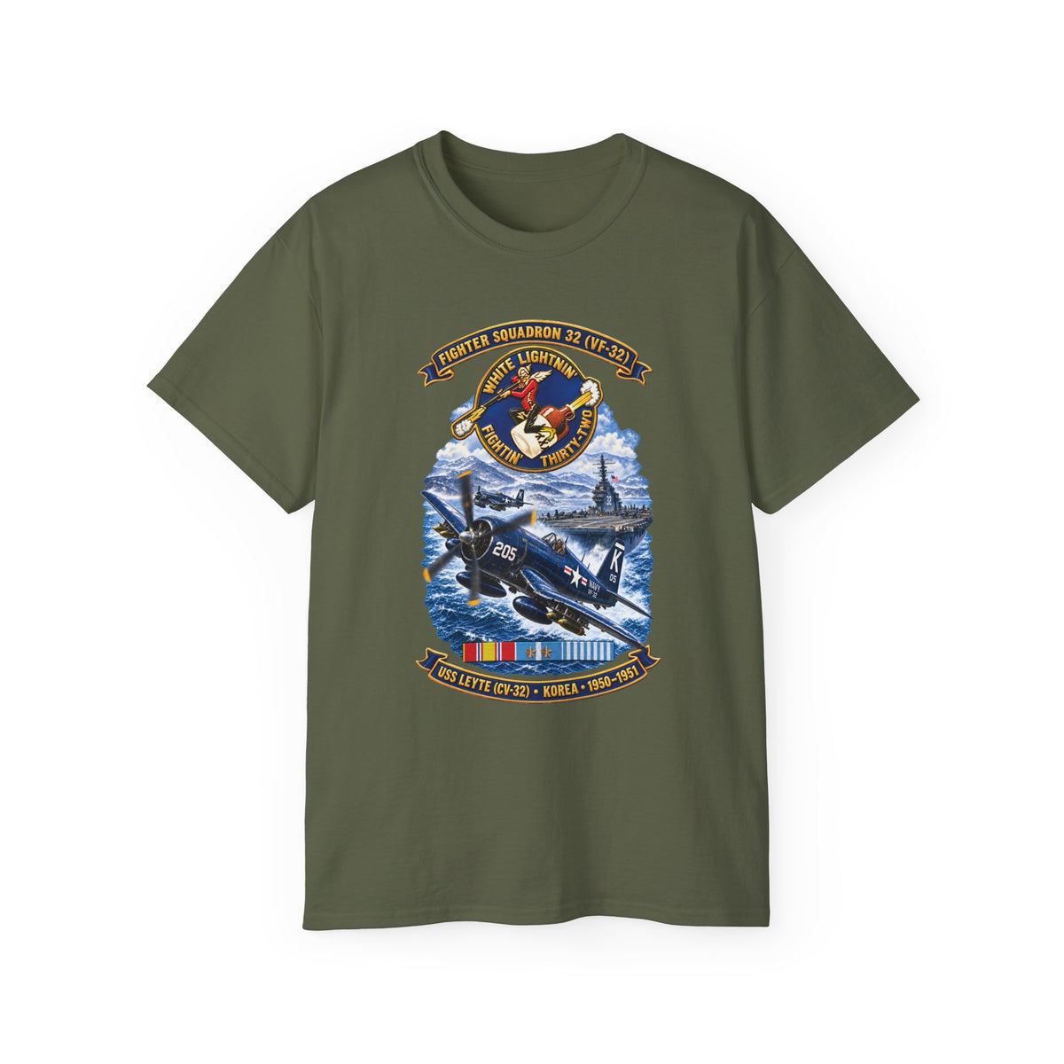 Unisex Ultra Cotton T-Shirt - NAVY - VF 32  -White Lightnin - Fightin 32 - SSI - USS Leyte (CV32) - F4U-4 Corsair - Korea - 1950-1951- 3D - Enhanced