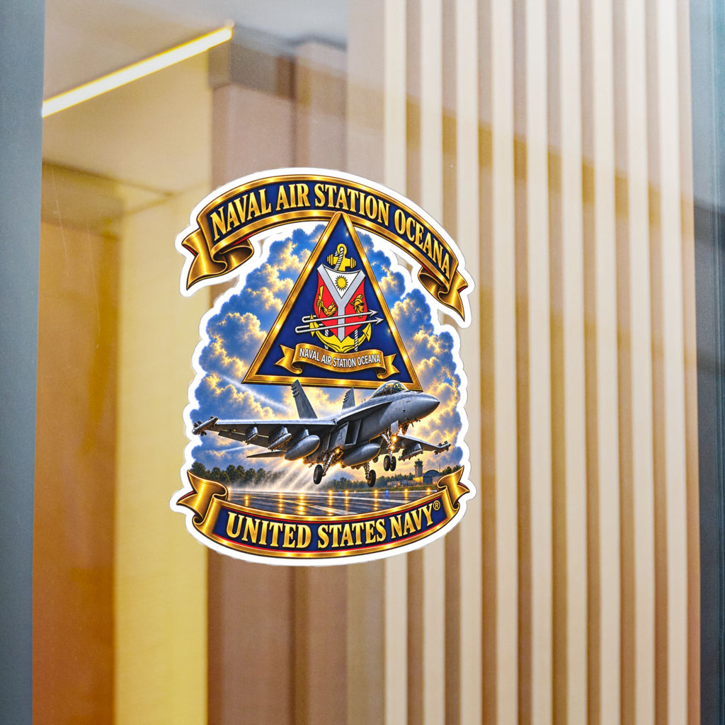 Kiss-Cut Vinyl Decal - Navy - Naval Air Station Oceana - Crest with Aircraft - United States Navy - 3D - Enhanced