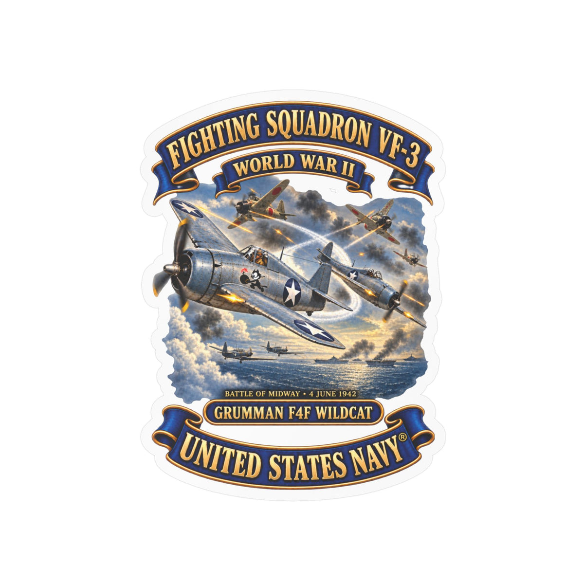 Kiss-Cut Vinyl Decal - Navy - Fighting Squadron - VF 3 - WWII - Grumman F4F Wildcats - Japanese Zeros - Battle of Midway - 3D - Enhanced