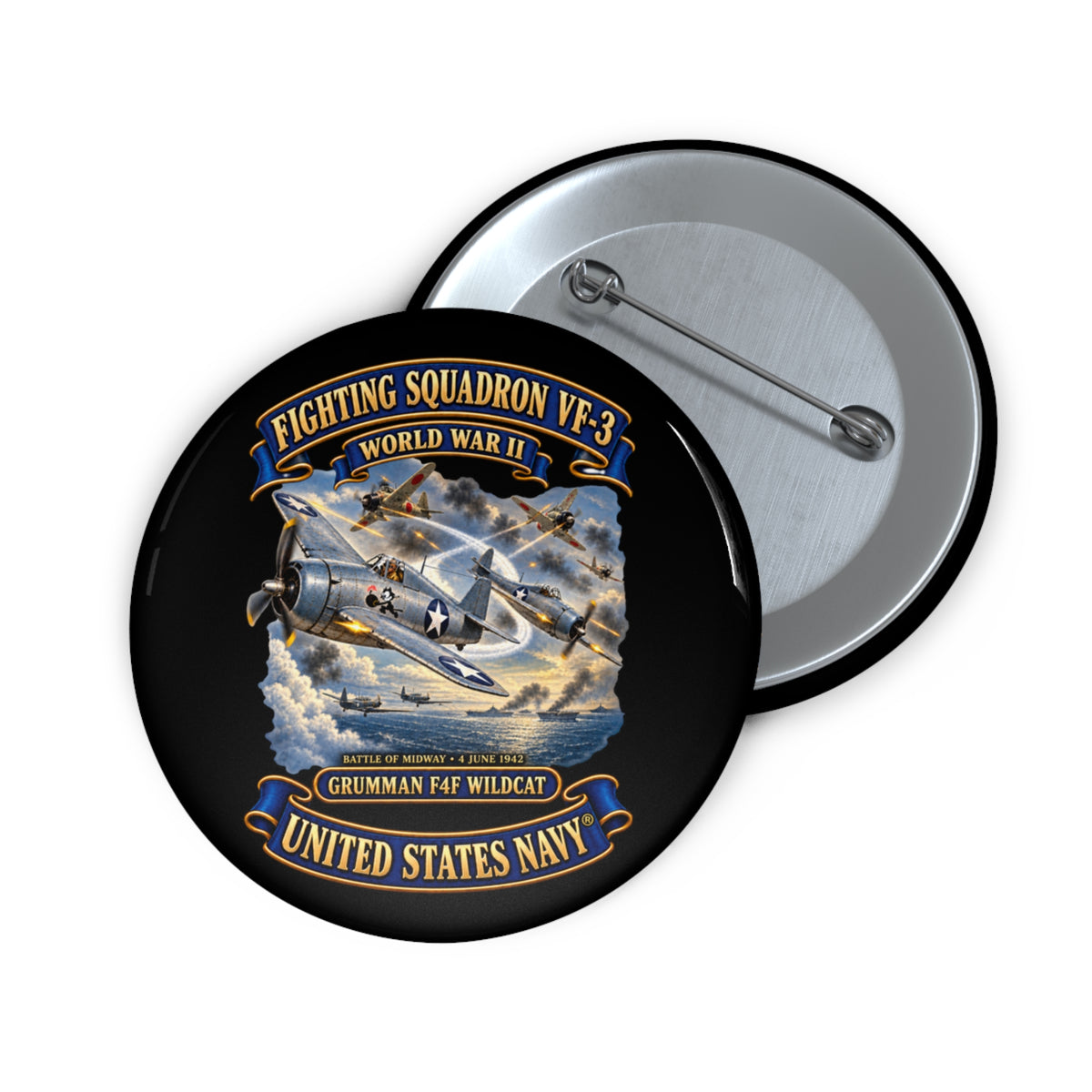 Pin Button - Navy - Fighting Squadron - VF 3 - WWII - Grumman F4F Wildcats - Japanese Zeros - Battle of Midway - 3D - Enhanced