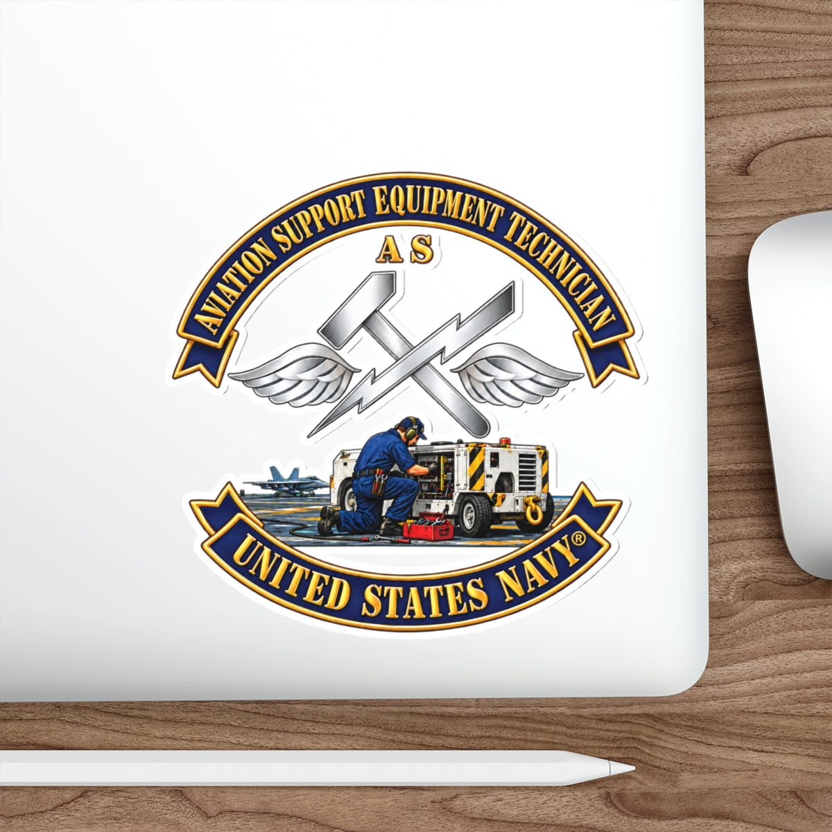 Die-Cut Vinyl Sticker - Navy - Rate - Aviation Support Equipment Technician (AS) with Scene - 3D - Enhanced