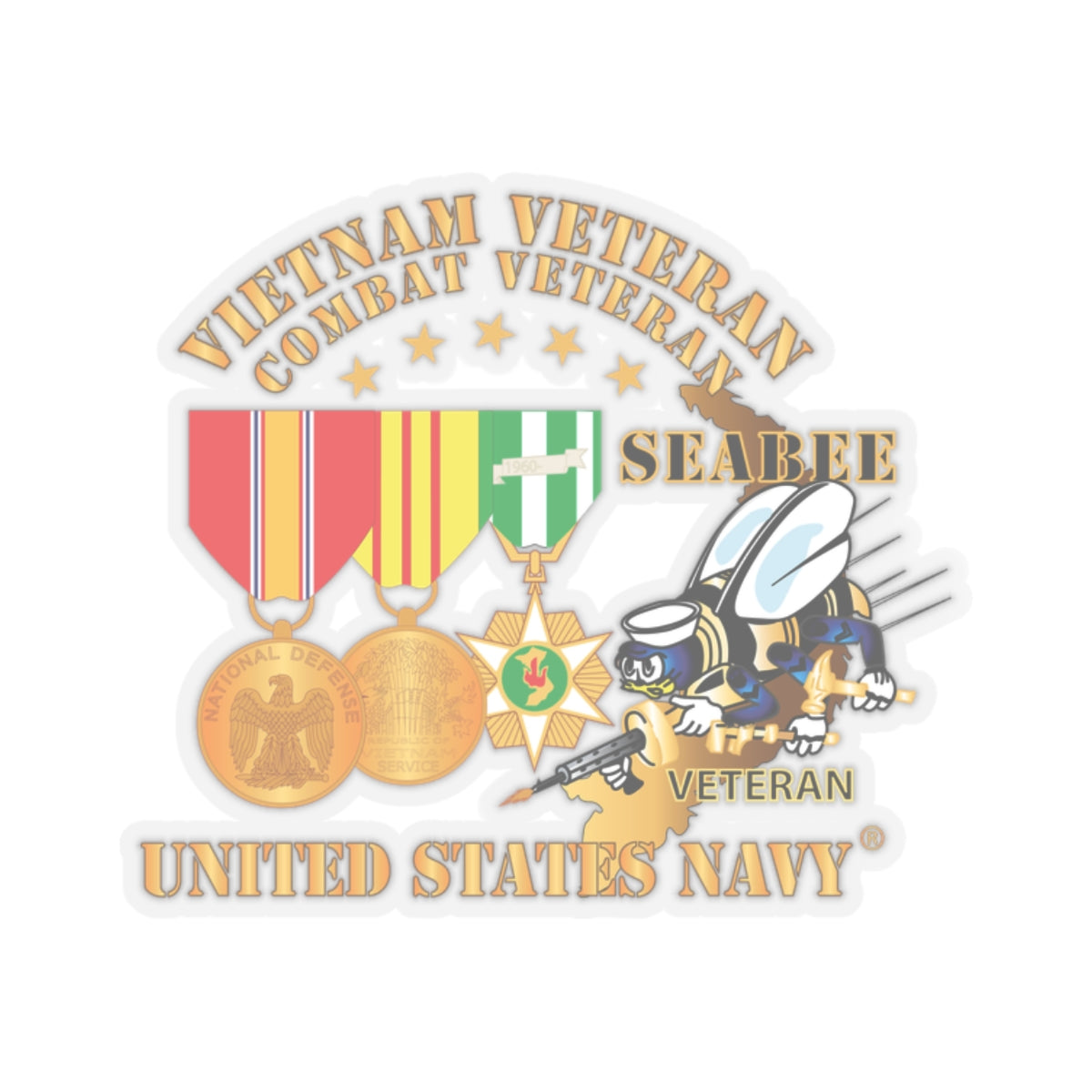 Kiss-Cut Stickers - Navy - Vietnam  Veteran - w Medals - VN - Seabee