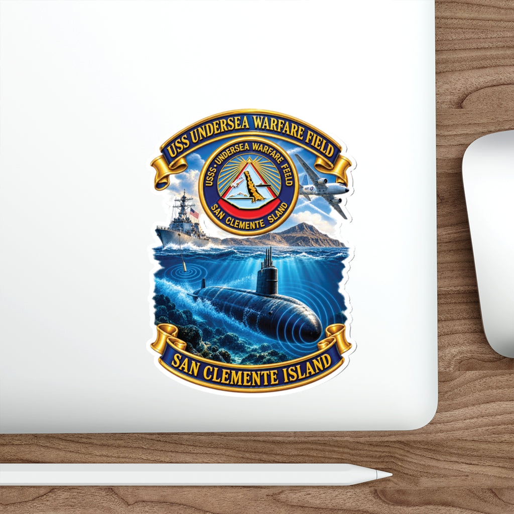 Die-Cut Vinyl Sticker - NAVY - USS Undersea Warfare Field - San Clemente Island - Crest - w scene - 3D - Enhanced