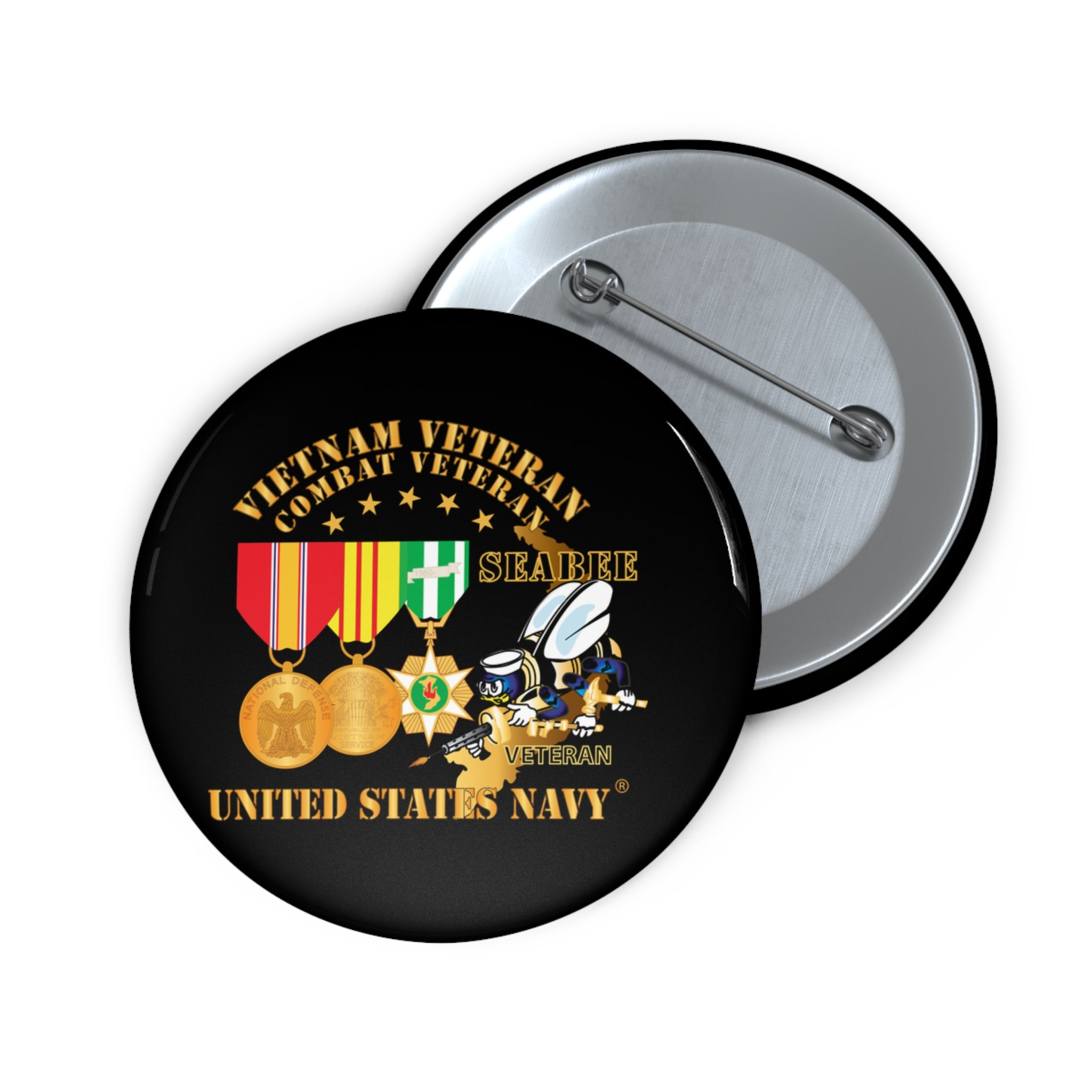 Custom Pin Button - Navy - Vietnam  Veteran - w Medals - VN - Seabee