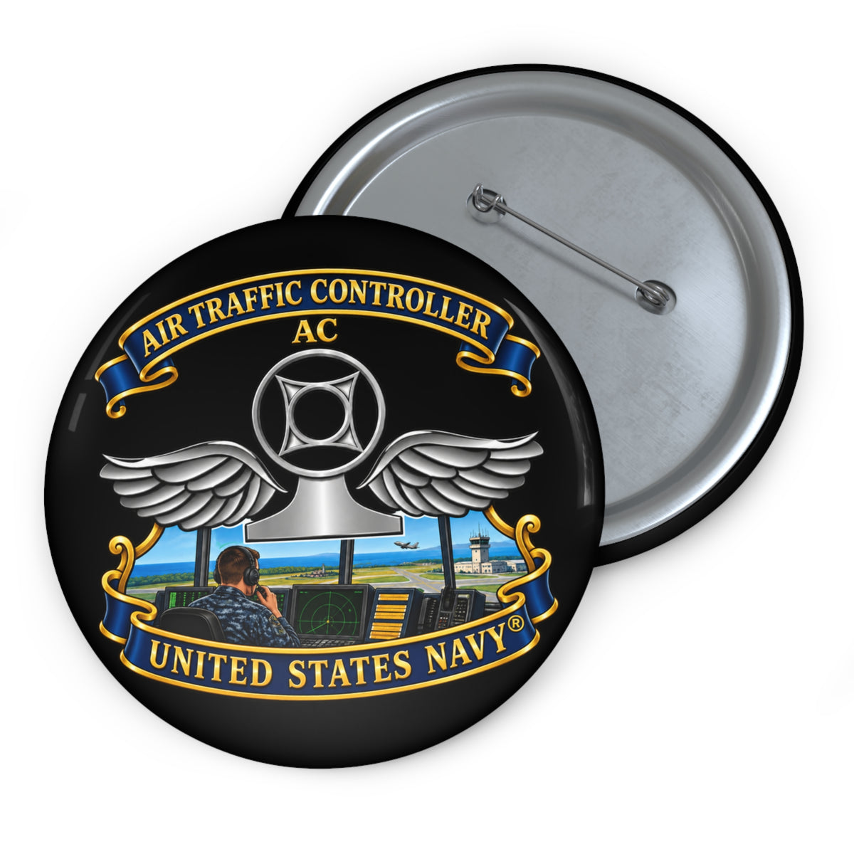Pin Button - Navy - Rate - Air Traffic Controller (AC) - with Scene - 3D - Enhanced
