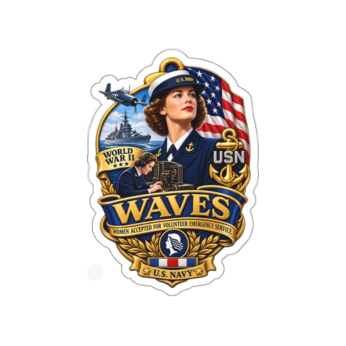 Die-Cut Vinyl Sticker - WAVES - Women Accepted for Volunteer Emergency Service WWII - 3D - Enhanced