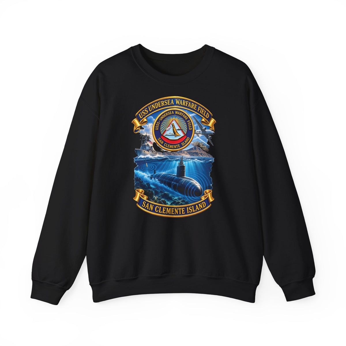 Unisex Heavy Blend™ Crewneck Sweatshirt - NAVY - USS Undersea Warfare Field - San Clemente Island - Crest - w scene - 3D - Enhanced