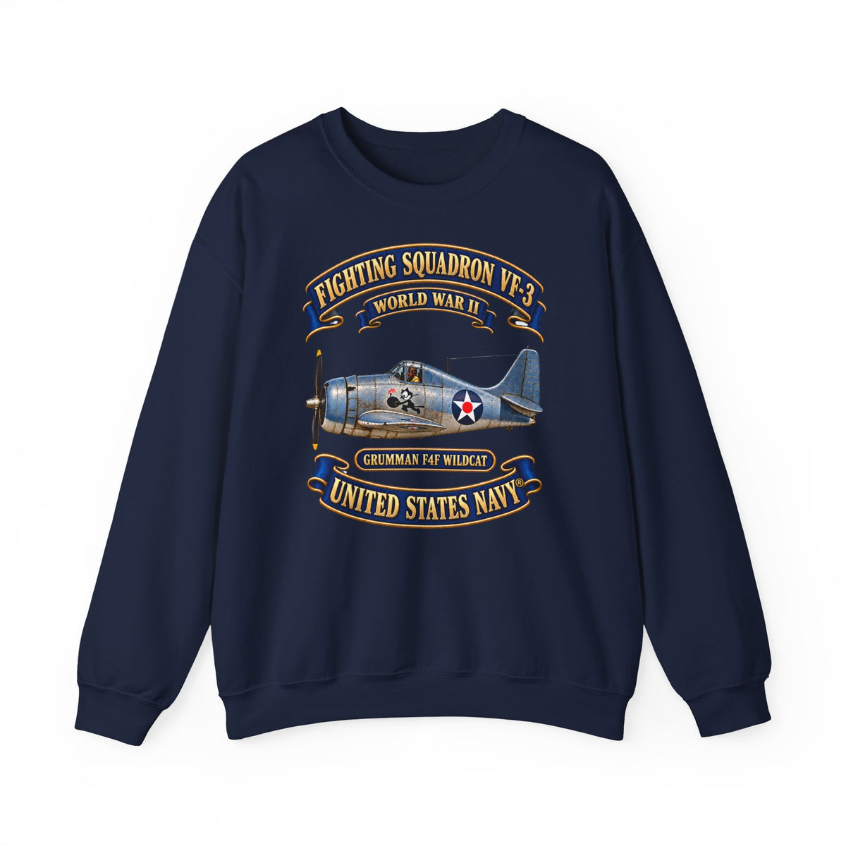 Unisex Heavy Blend™ Crewneck Sweatshirt -  NAVY - Fighting Squadron - VF 3 - WWII FELIX Insignia - Grumman F4F Wildcat - 3D - Enhanced