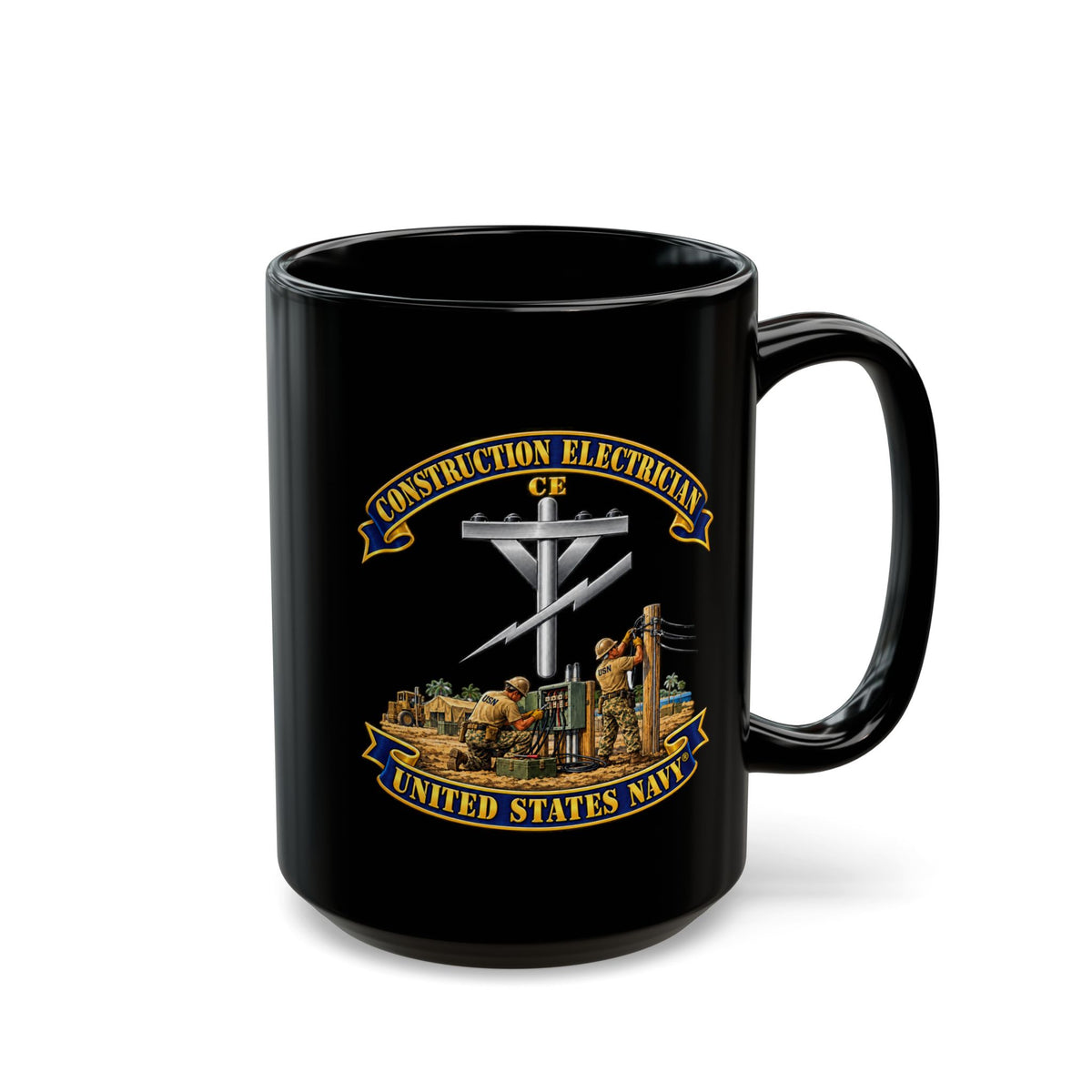 Black Mug (11oz, 15oz) - Navy - Rate - Construction Electrician (CE) with Scene - 3D - Enhanced
