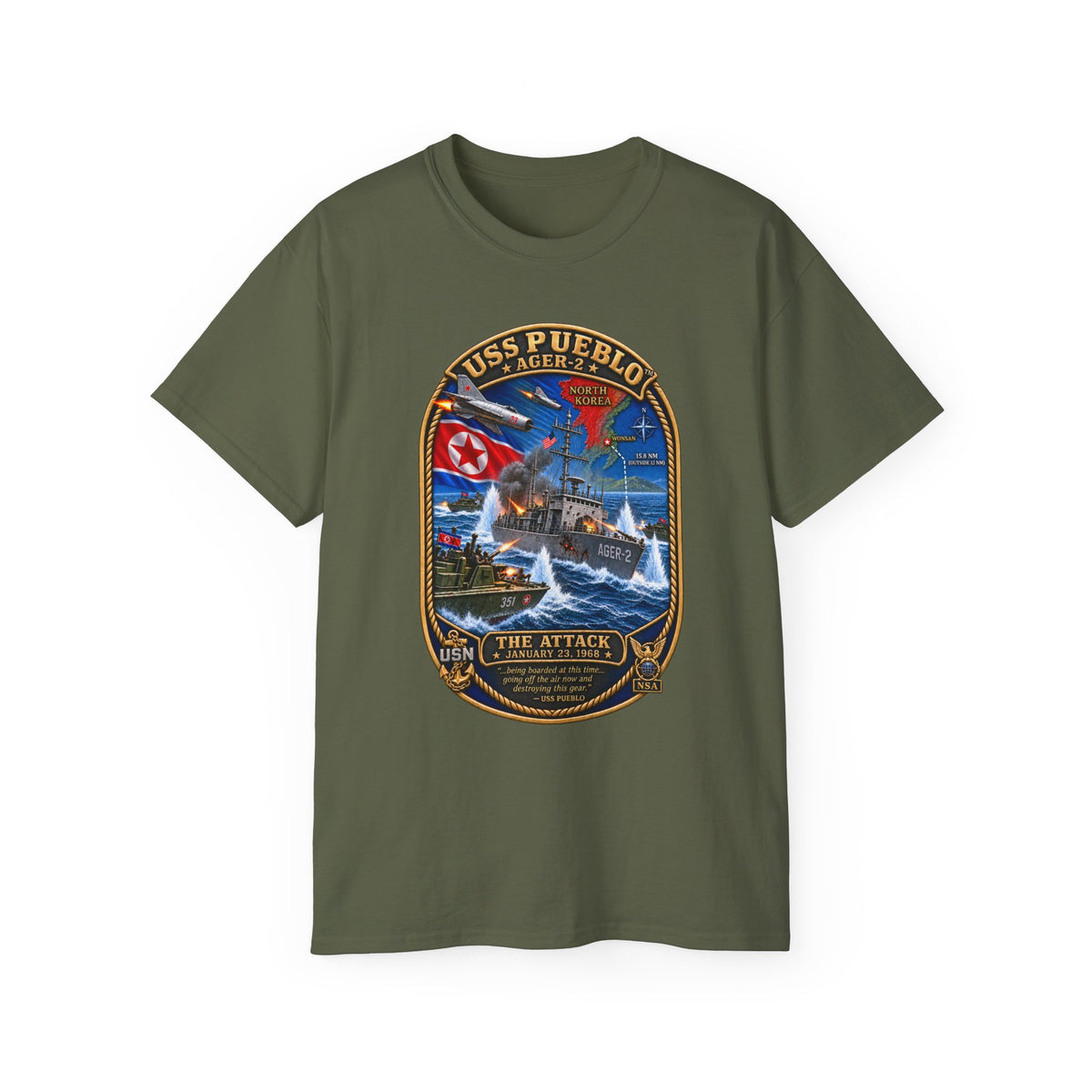 Unisex Ultra Cotton T-Shirt - Navy - USS Pueblo Attack-Defense Commemorative Patch - 3D - Enhanced