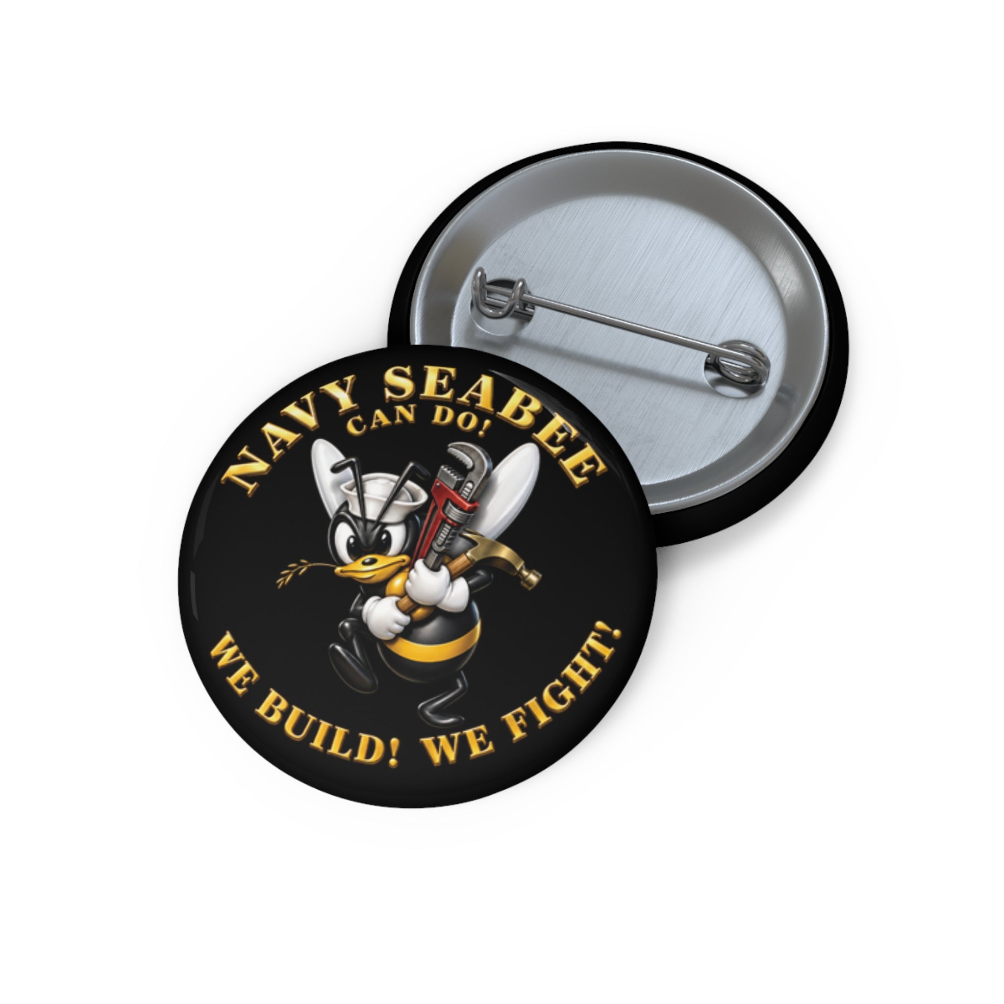 Custom Pin Button - Navy - Navy SeaBee - w Wrench and Hammer - 3D - Enhanced X 300