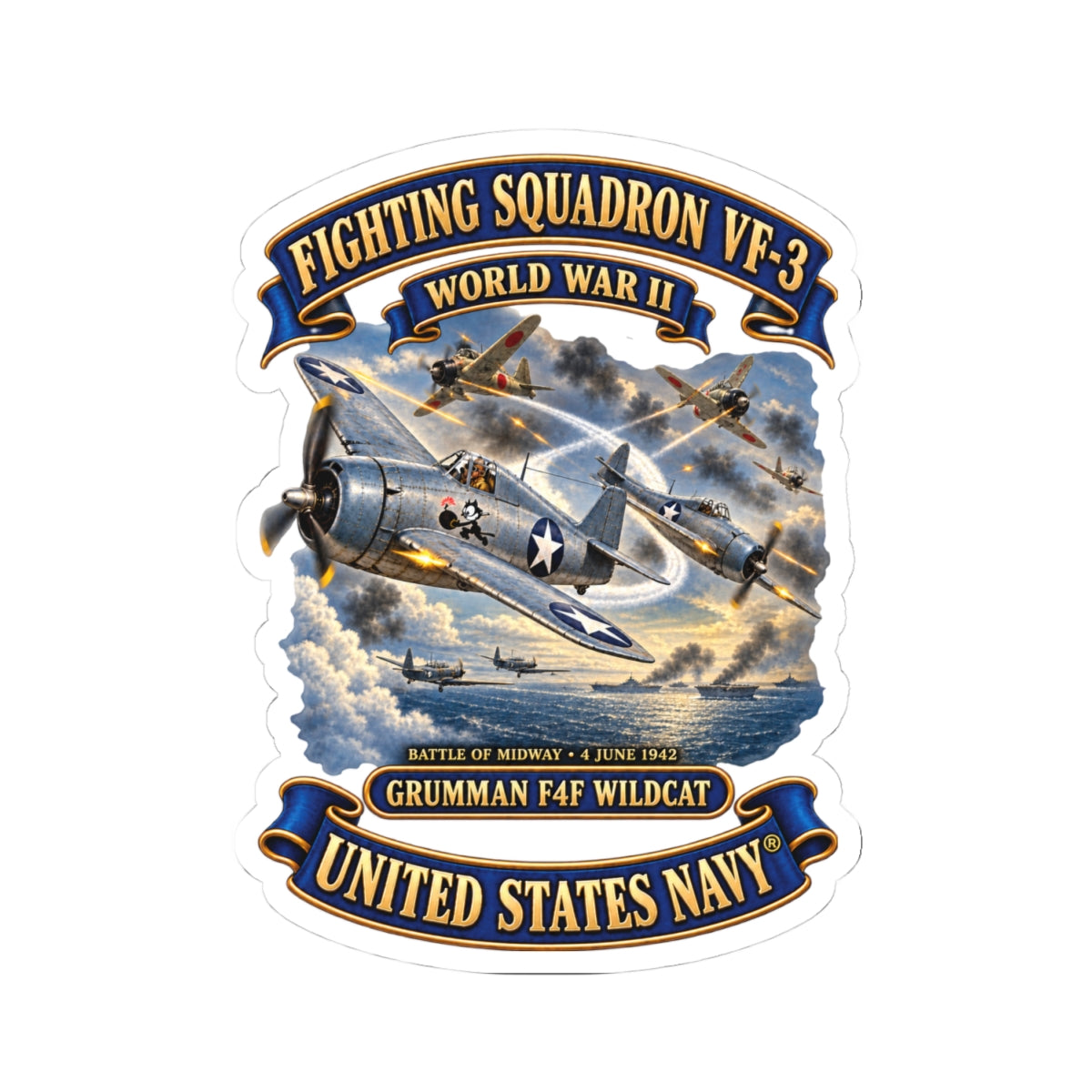 Kiss-Cut Stickers - Navy - Fighting Squadron - VF 3 - WWII - Grumman F4F Wildcats - Japanese Zeros - Battle of Midway - 3D - Enhanced