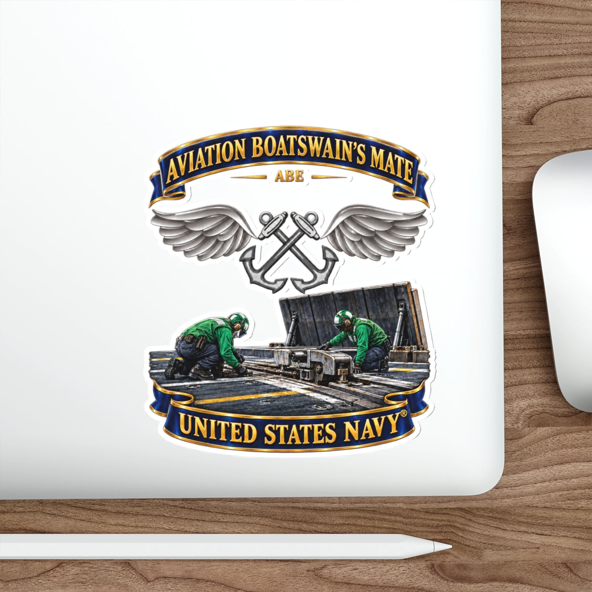 Die-Cut Vinyl Sticker - Navy - Rate - Aviation Boatswain's Mate (ABE) - with Scene - 3D - Enhanced