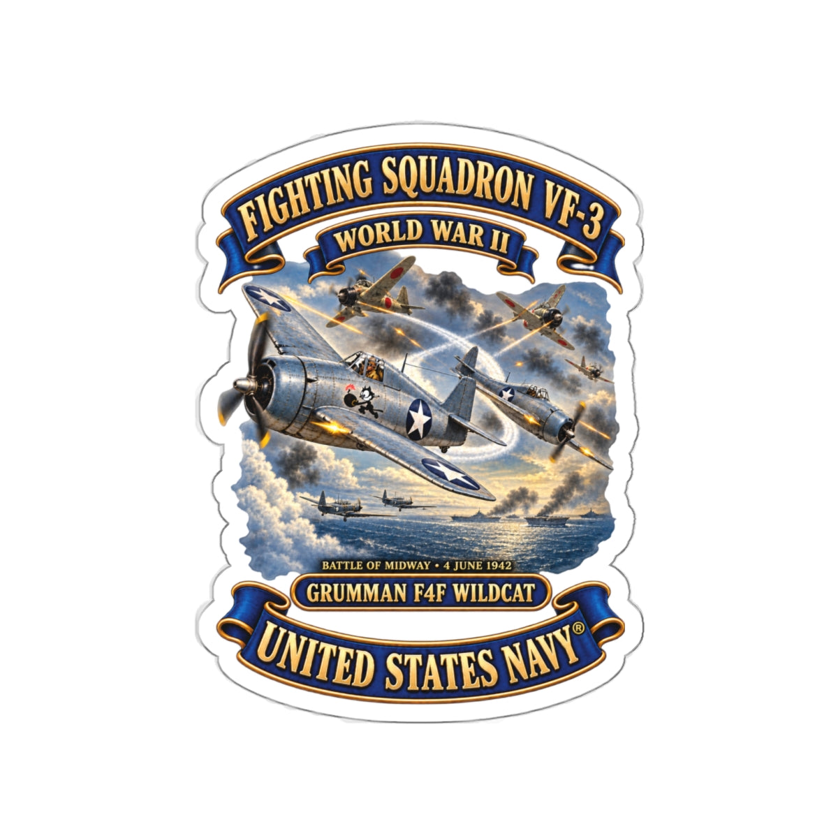 Die-Cut Vinyl Sticker - Navy - Fighting Squadron - VF 3 - WWII - Grumman F4F Wildcats - Japanese Zeros - Battle of Midway - 3D - Enhanced