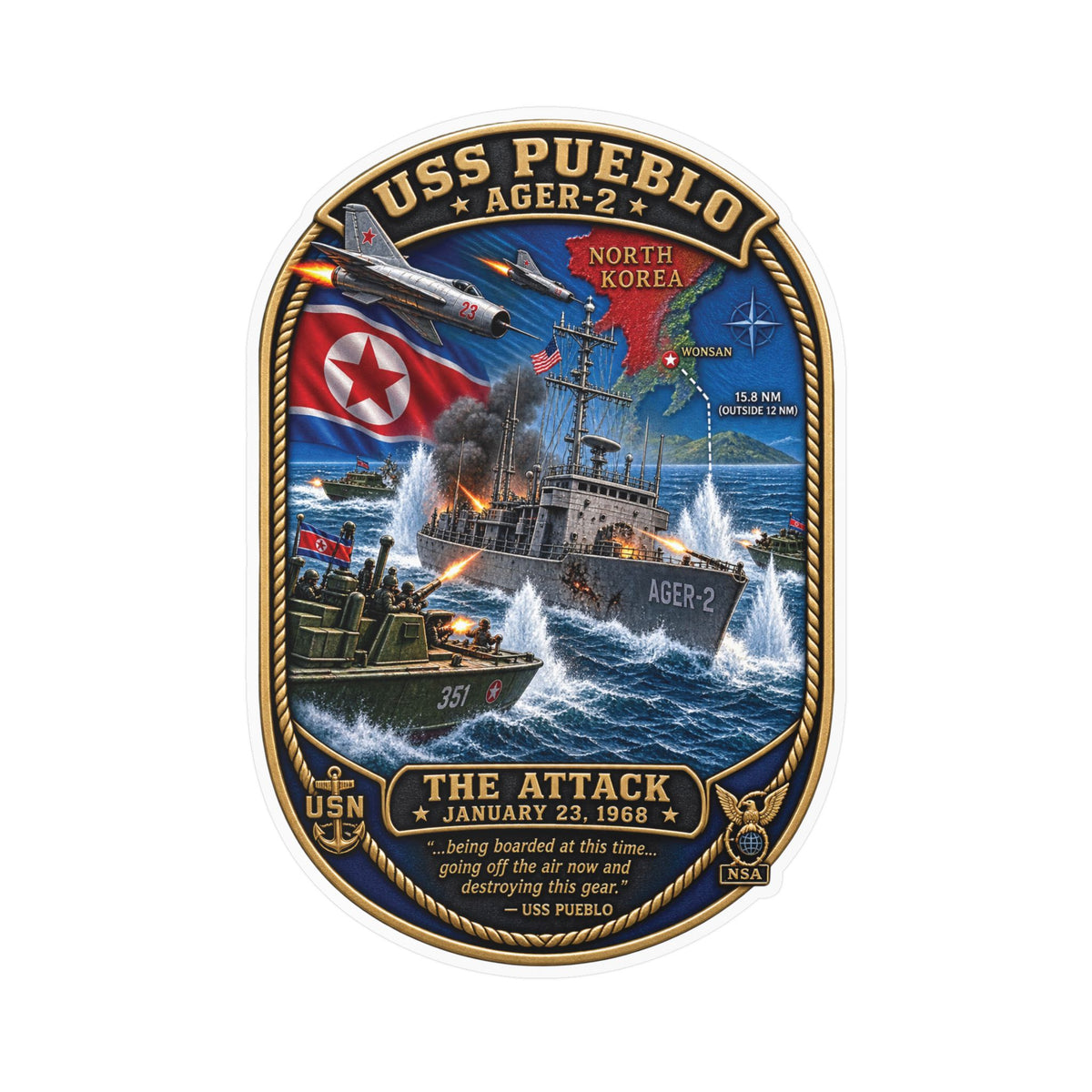 Kiss-Cut Vinyl Decal - USS Pueblo Attack-Defense Commemorative Patch