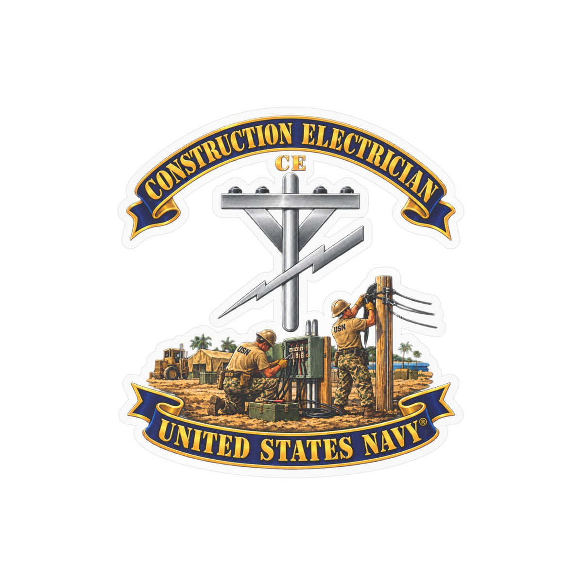 Kiss-Cut Vinyl Decal - Navy - Rate - Construction Electrician (CE) with Scene - 3D - Enhanced
