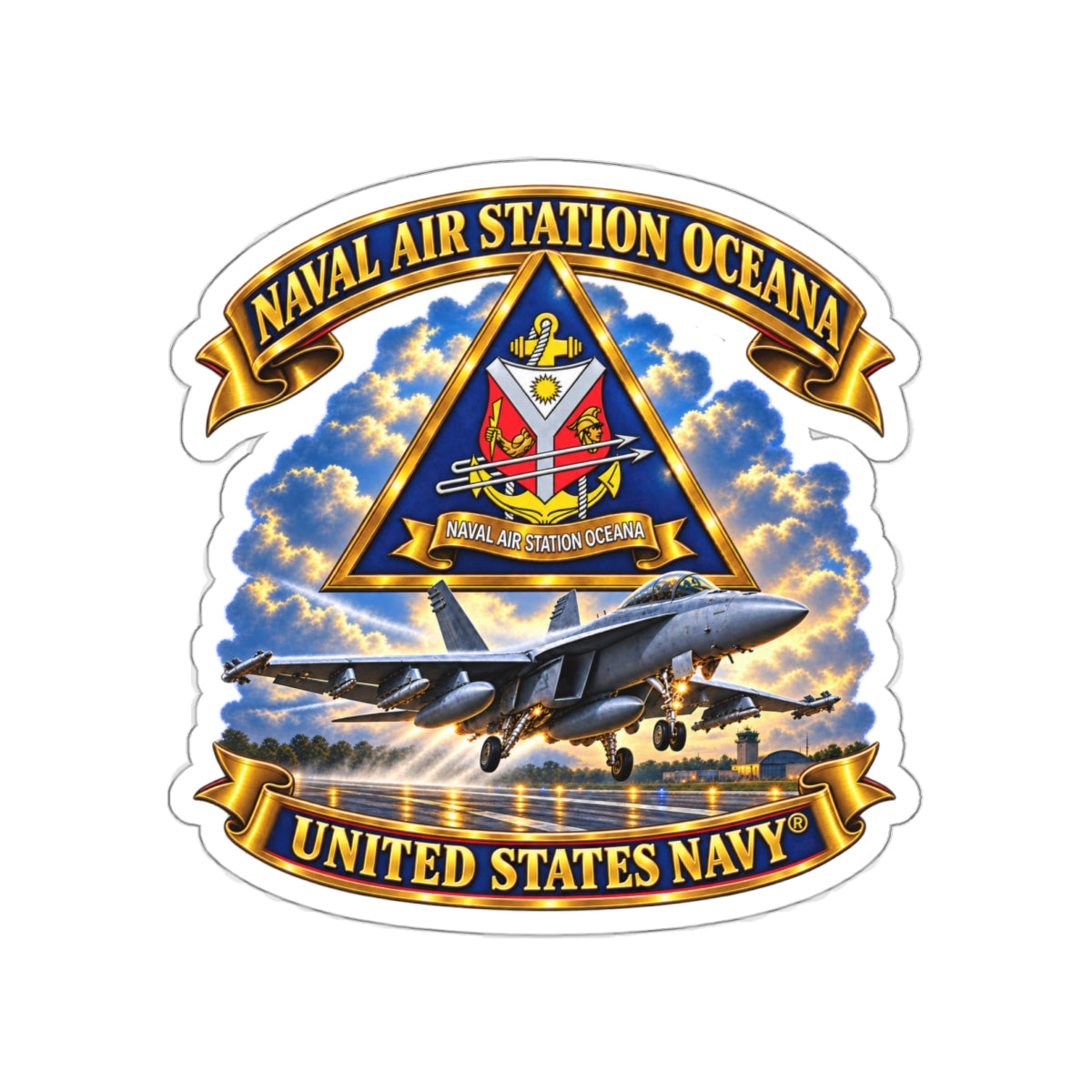 Die-Cut Vinyl Sticker - Navy - Naval Air Station Oceana - Crest with Aircraft - United States Navy - 3D - Enhanced