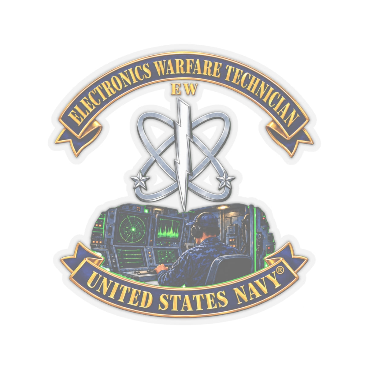 Kiss-Cut Stickers - Navy - Rate - Electronics Warfare Technician with Scene - 3D - Enhanced