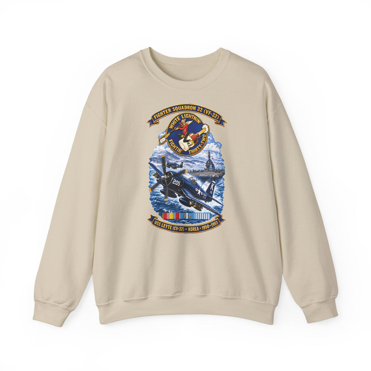 Unisex Heavy Blend™ Crewneck Sweatshirt - NAVY - VF 32  -White Lightnin - Fightin 32 - SSI - USS Leyte (CV32) - F4U-4 Corsair - Korea - 1950-1951- 3D - Enhanced