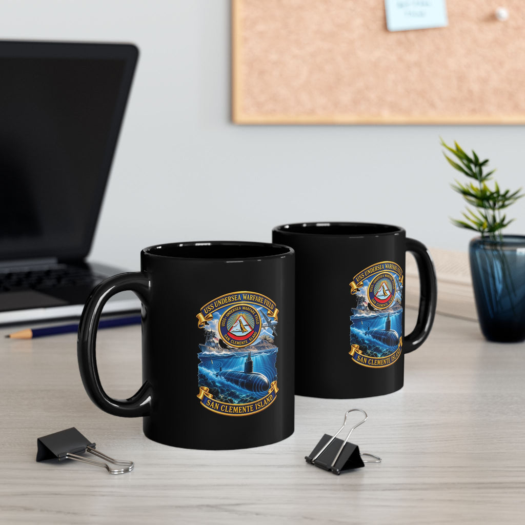 Black Mug (11oz, 15oz) - NAVY - USS Undersea Warfare Field - San Clemente Island - Crest - w scene - 3D - Enhanced