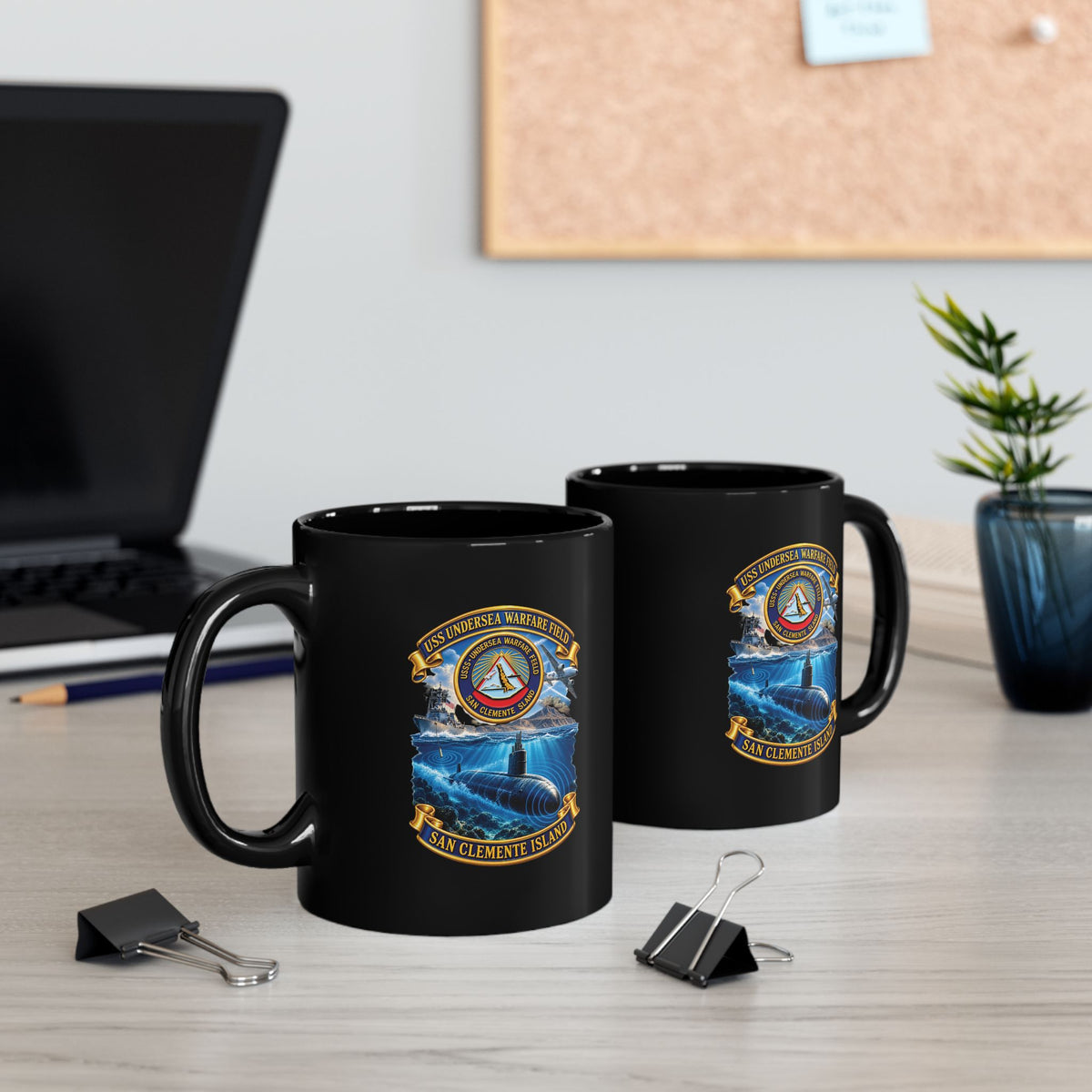 Black Mug (11oz, 15oz) - NAVY - USS Undersea Warfare Field - San Clemente Island - Crest - w scene - 3D - Enhanced