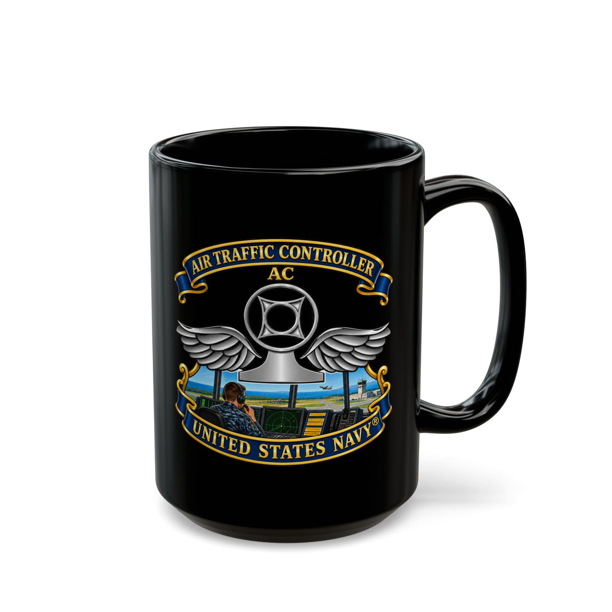 Black Mug (11oz, 15oz) - Navy - Rate - Air Traffic Controller (AC) - with Scene - 3D - Enhanced