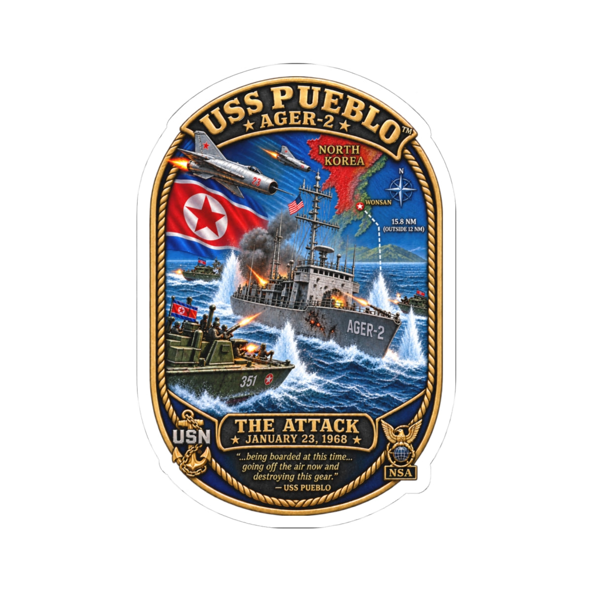 Kiss-Cut Stickers - Navy - USS Pueblo Attack-Defense Commemorative Patch - 3D - Enhanced