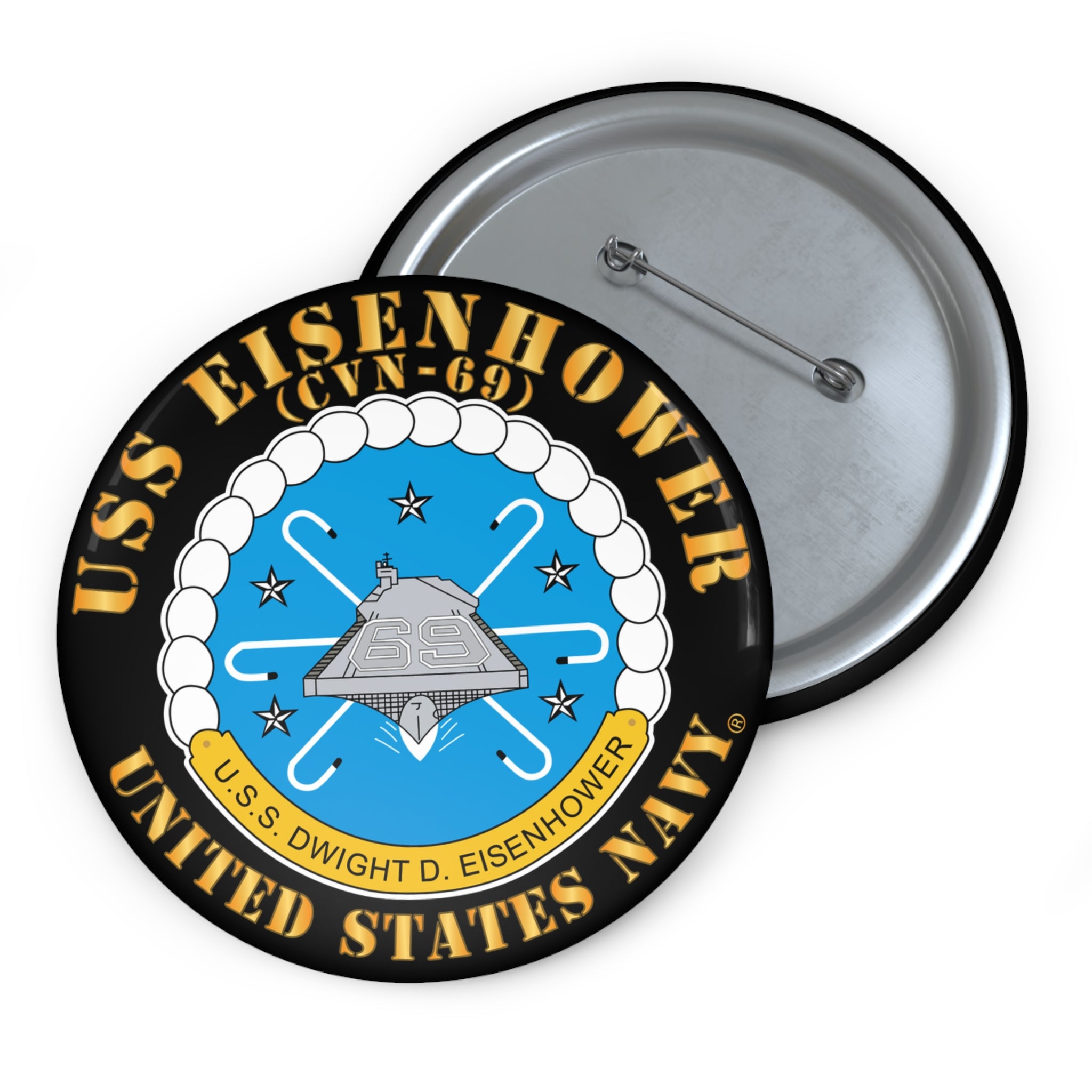 Custom Pin Button - USS Dwight D. Eisenhower (CVN-69) Crest with Txt