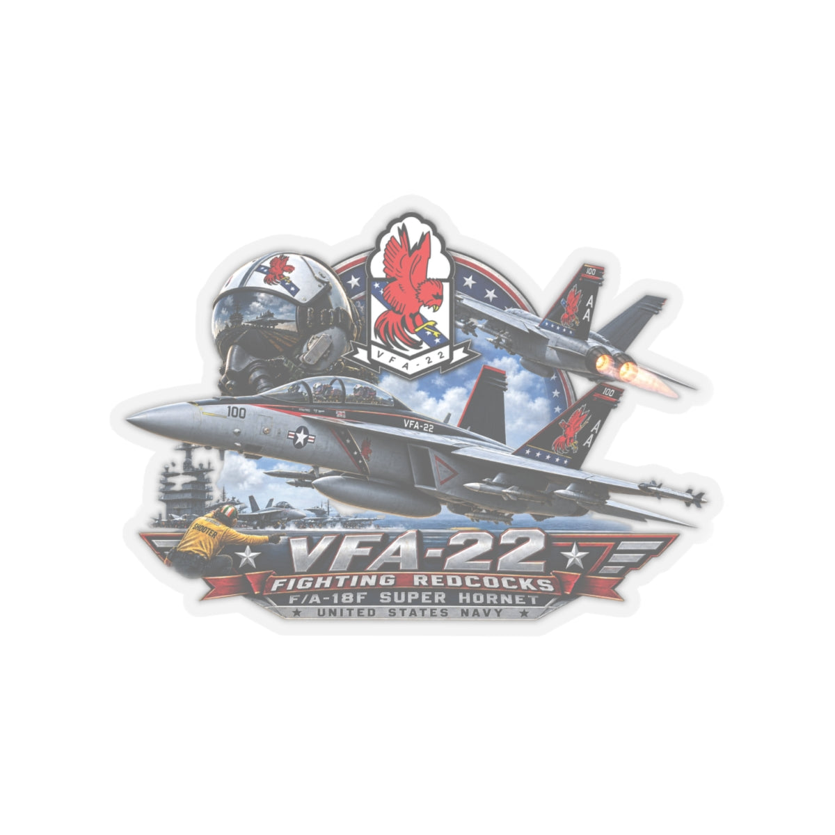 Kiss-Cut Stickers - Strike Fighter Squadron 22nd - AC - Fighting Redcocks - 3D - Enhanced