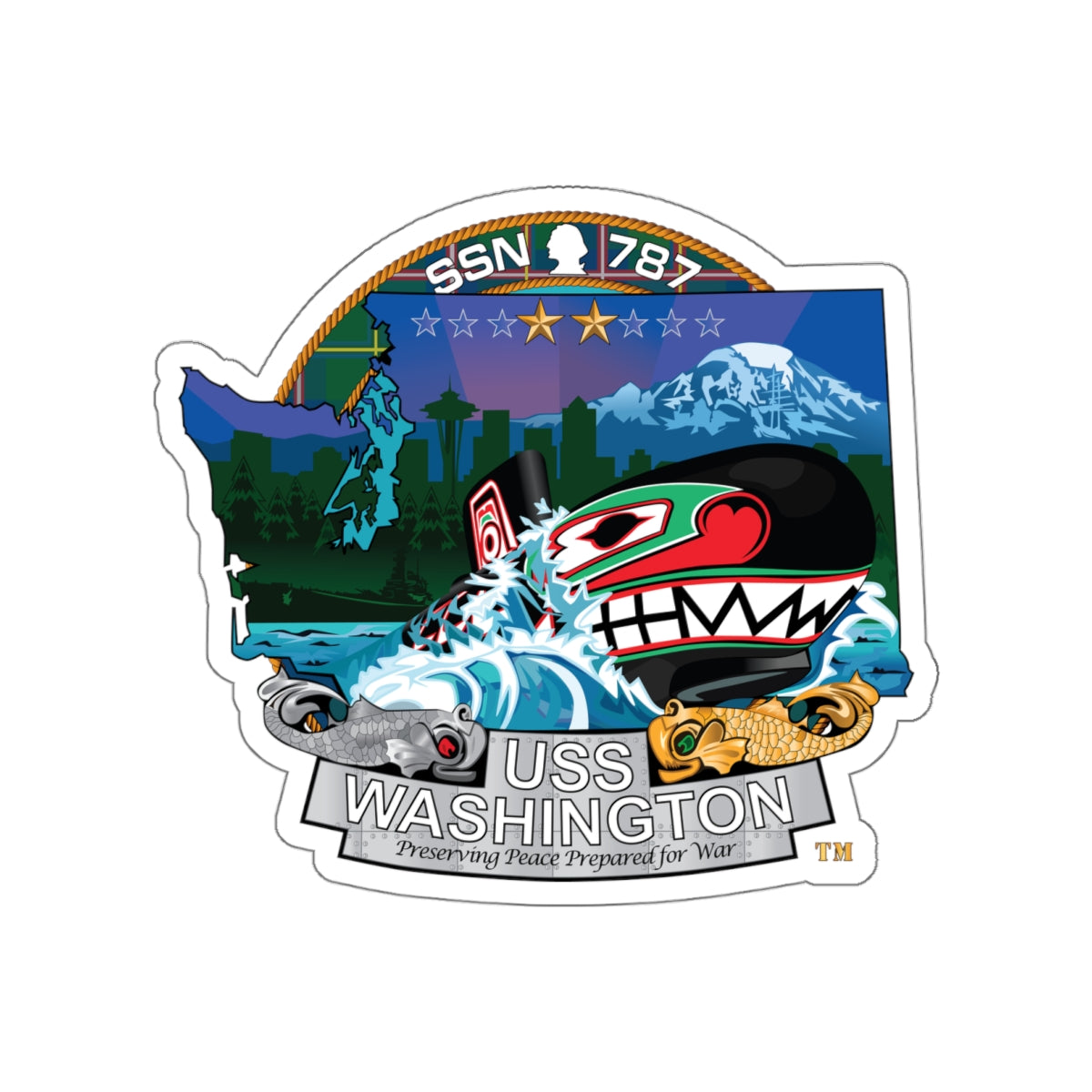 Die-Cut Vinyl Sticker - Navy - USS Washington (SSN-787) wo txt X 300