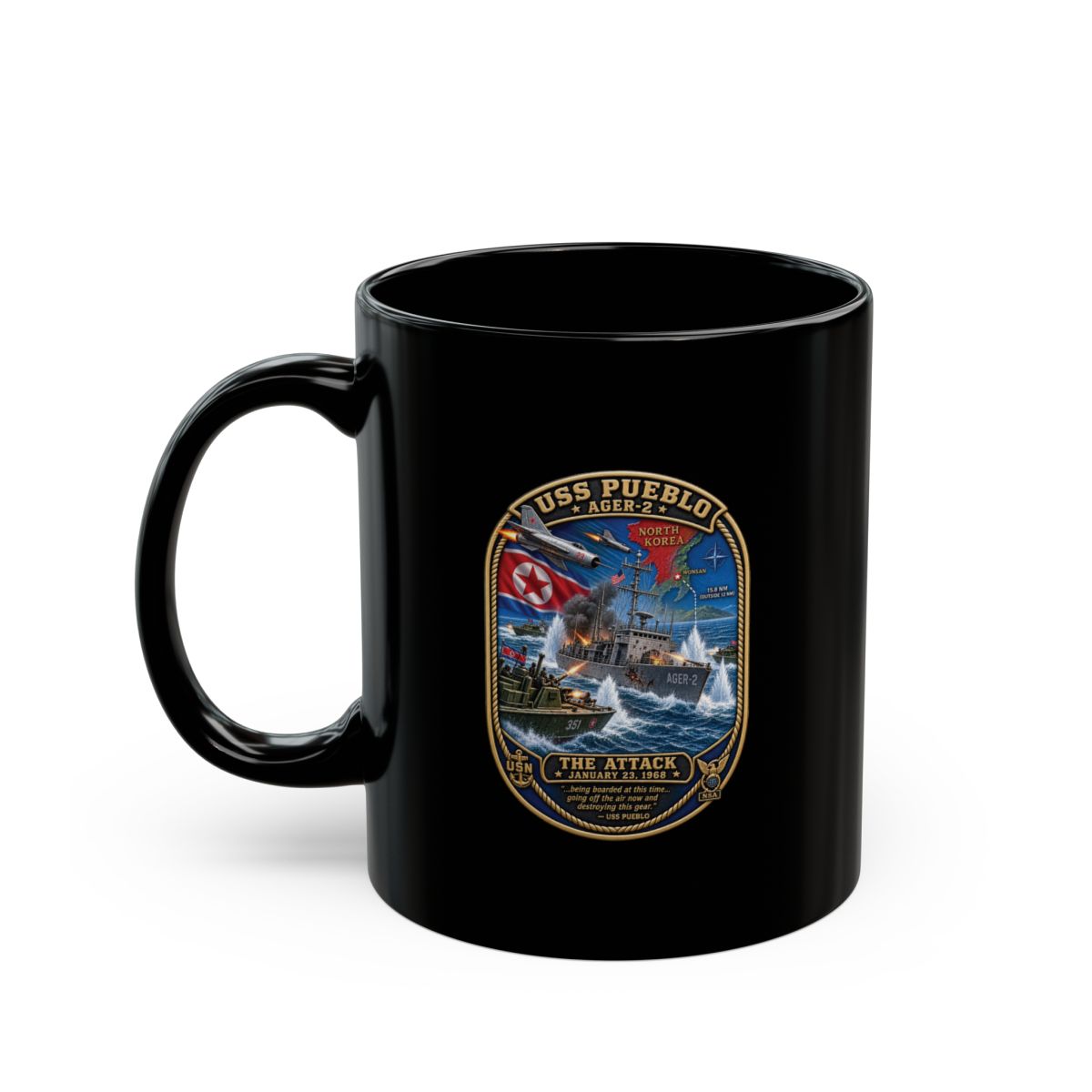 Black Mug (11oz, 15oz) - USS Pueblo Attack-Defense Commemorative Patch