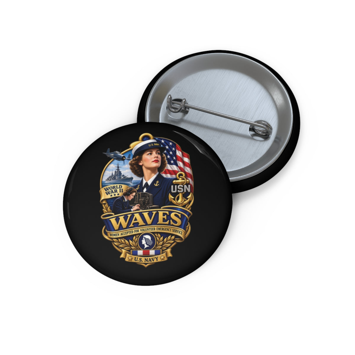 Pin Button - WAVES - Women Accepted for Volunteer Emergency Service WWII - 3D - Enhanced