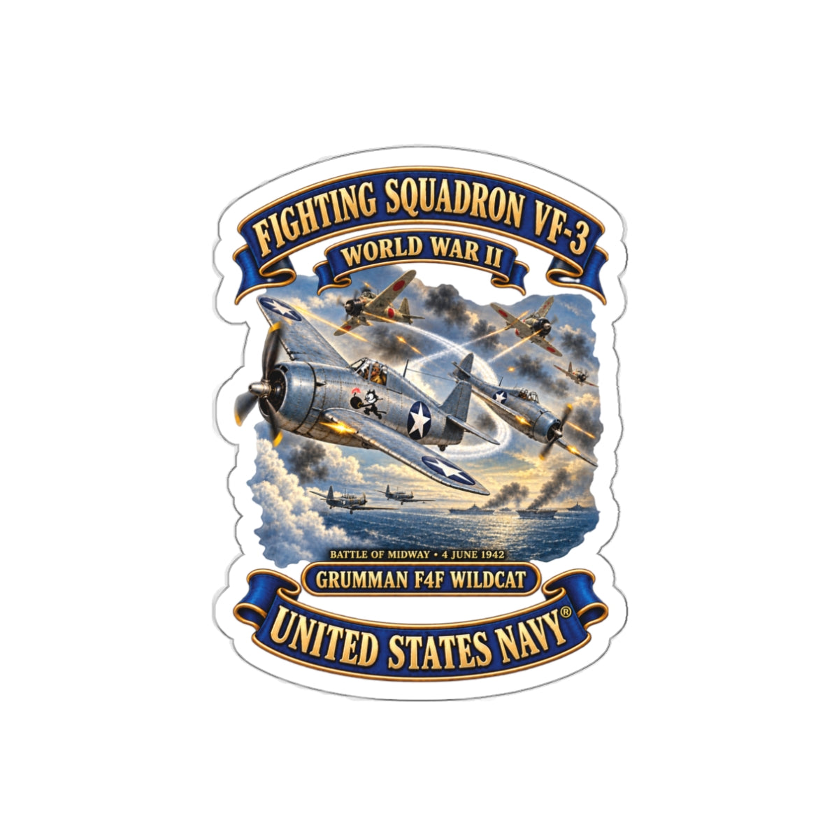 Die-Cut Vinyl Sticker - Navy - Fighting Squadron - VF 3 - WWII - Grumman F4F Wildcats - Japanese Zeros - Battle of Midway - 3D - Enhanced