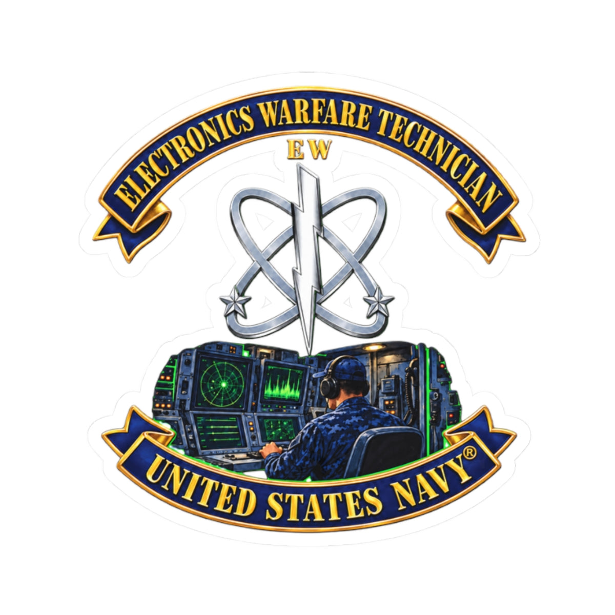 Kiss-Cut Stickers - Navy - Rate - Electronics Warfare Technician with Scene - 3D - Enhanced