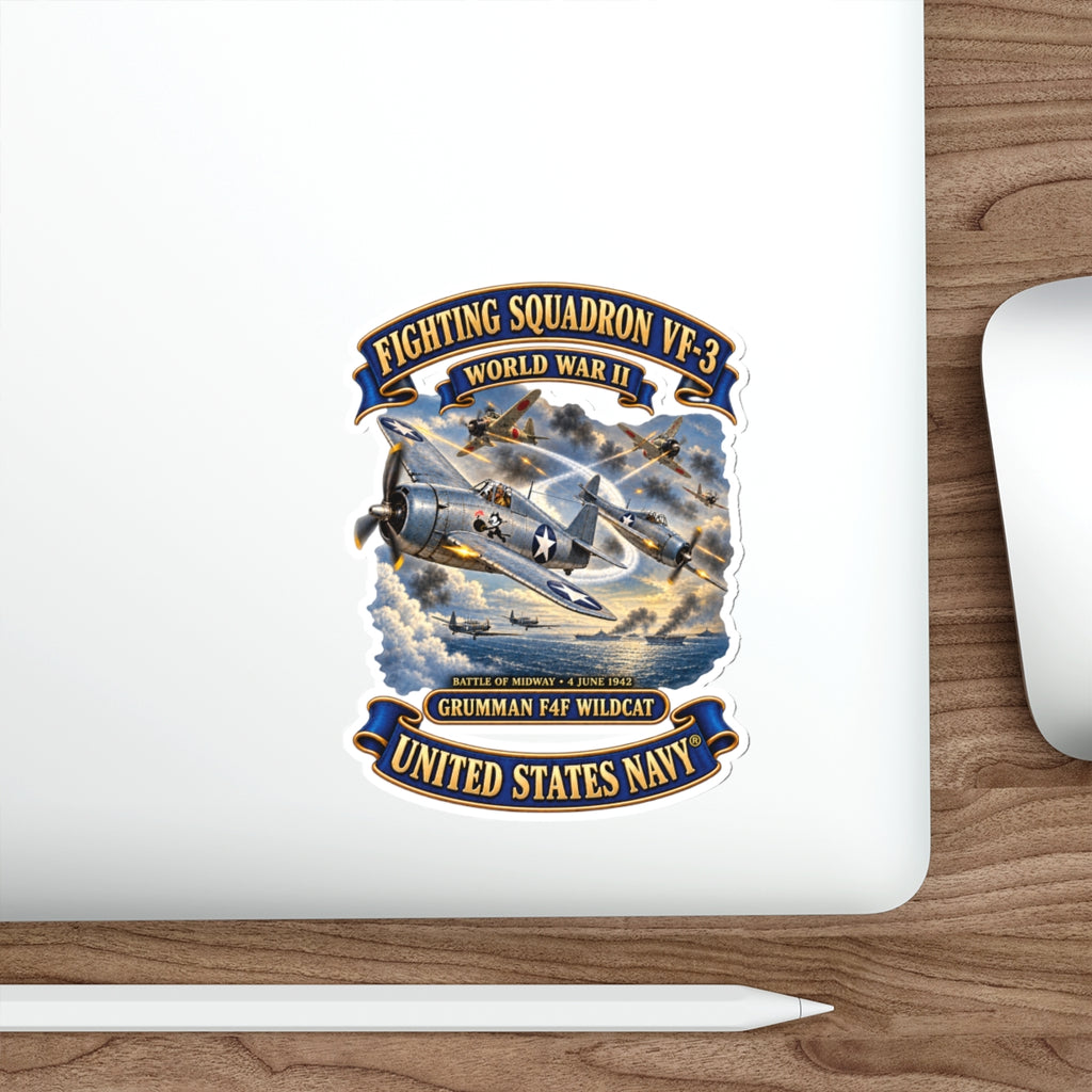 Die-Cut Vinyl Sticker - Navy - Fighting Squadron - VF 3 - WWII - Grumman F4F Wildcats - Japanese Zeros - Battle of Midway - 3D - Enhanced