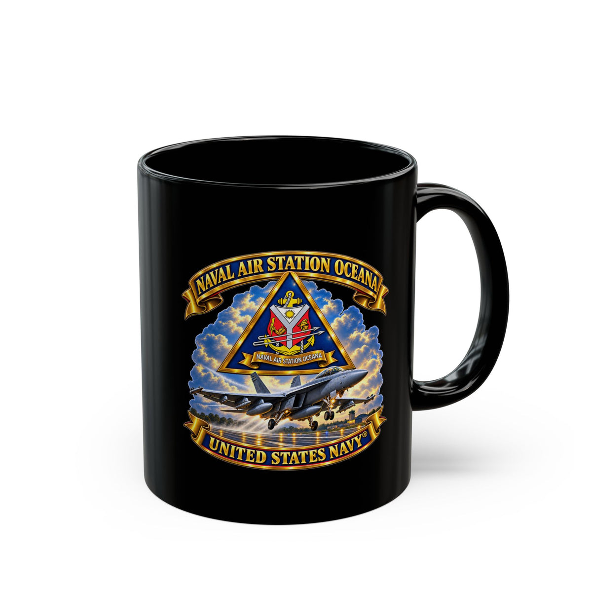 Black Mug (11oz, 15oz) - Navy - Naval Air Station Oceana - Crest with Aircraft - United States Navy - 3D - Enhanced