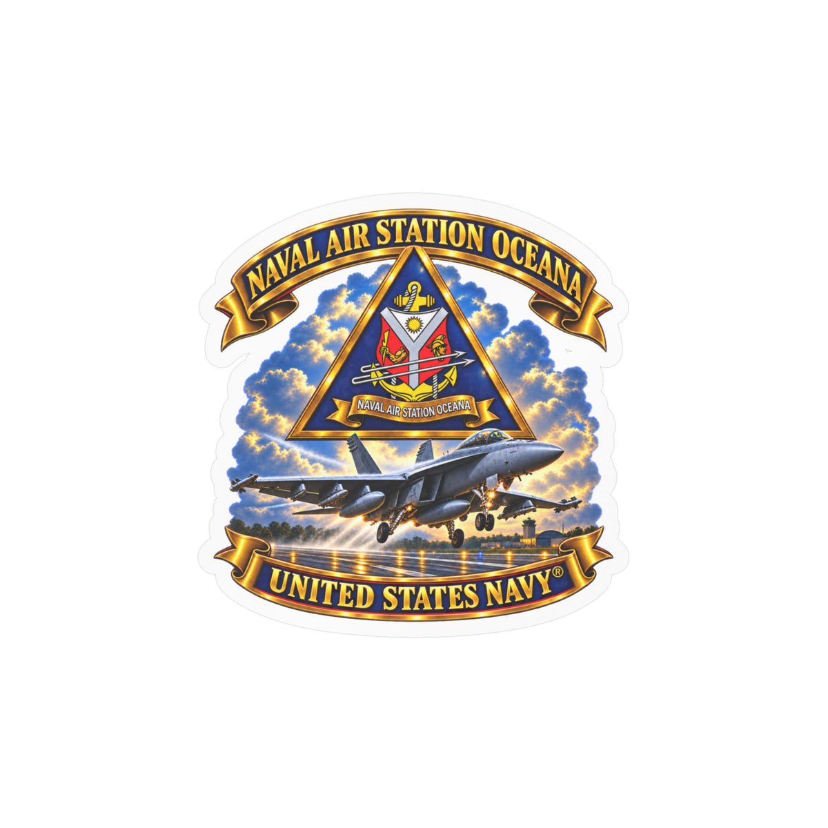 Kiss-Cut Vinyl Decal - Navy - Naval Air Station Oceana - Crest with Aircraft - United States Navy - 3D - Enhanced