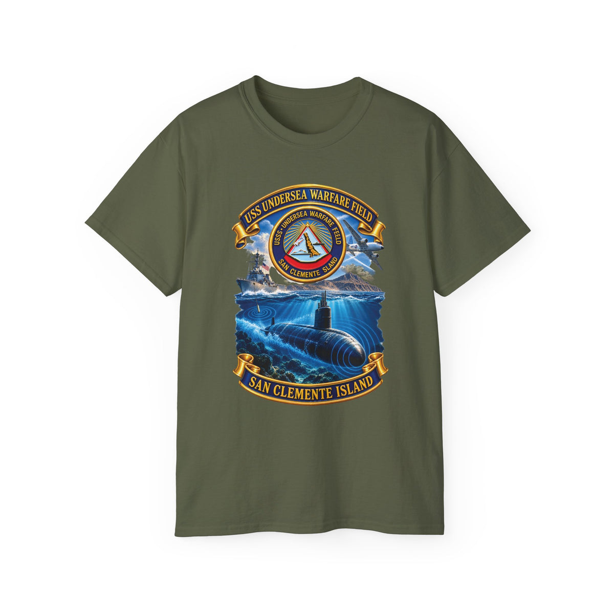 Unisex Ultra Cotton T-Shirt - NAVY - USS Undersea Warfare Field - San Clemente Island - Crest - w scene - 3D - Enhanced