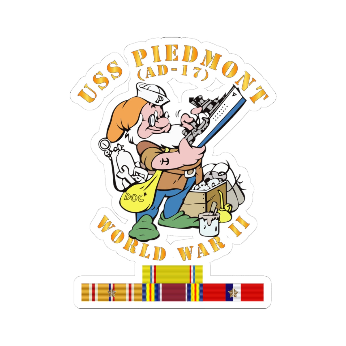Kiss-Cut Stickers - Navy - USS Piedmont (AD-17) w PAC SVC WWII