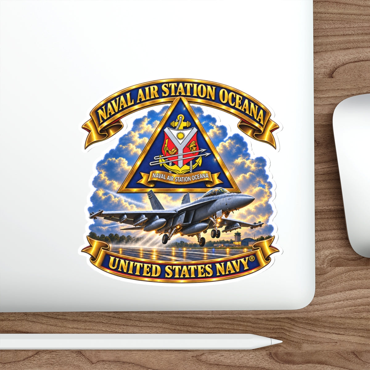 Die-Cut Vinyl Sticker - Navy - Naval Air Station Oceana - Crest with Aircraft - United States Navy - 3D - Enhanced