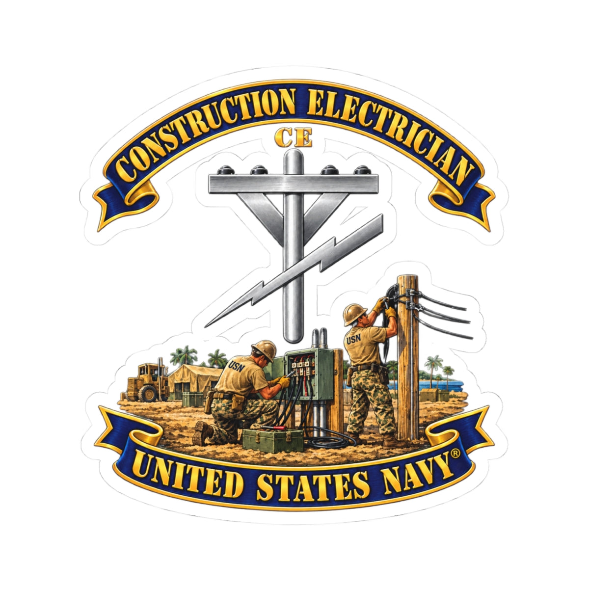 Kiss-Cut Stickers - Navy - Rate - Construction Electrician (CE) with Scene - 3D - Enhanced