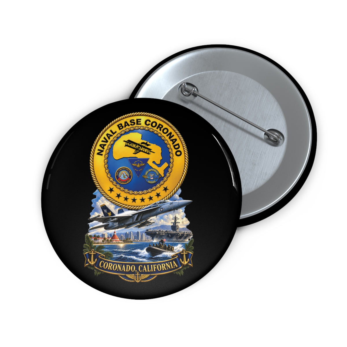 Pin Button - NAVY - Naval Base Coronado - Crest w Scene - Coronado California - 3D - Enhanced