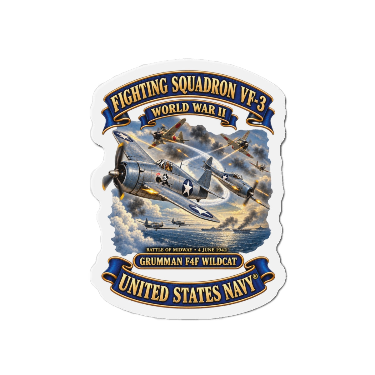 Die-Cut Magnet - Navy - Fighting Squadron - VF 3 - WWII - Grumman F4F Wildcats - Japanese Zeros - Battle of Midway - 3D - Enhanced