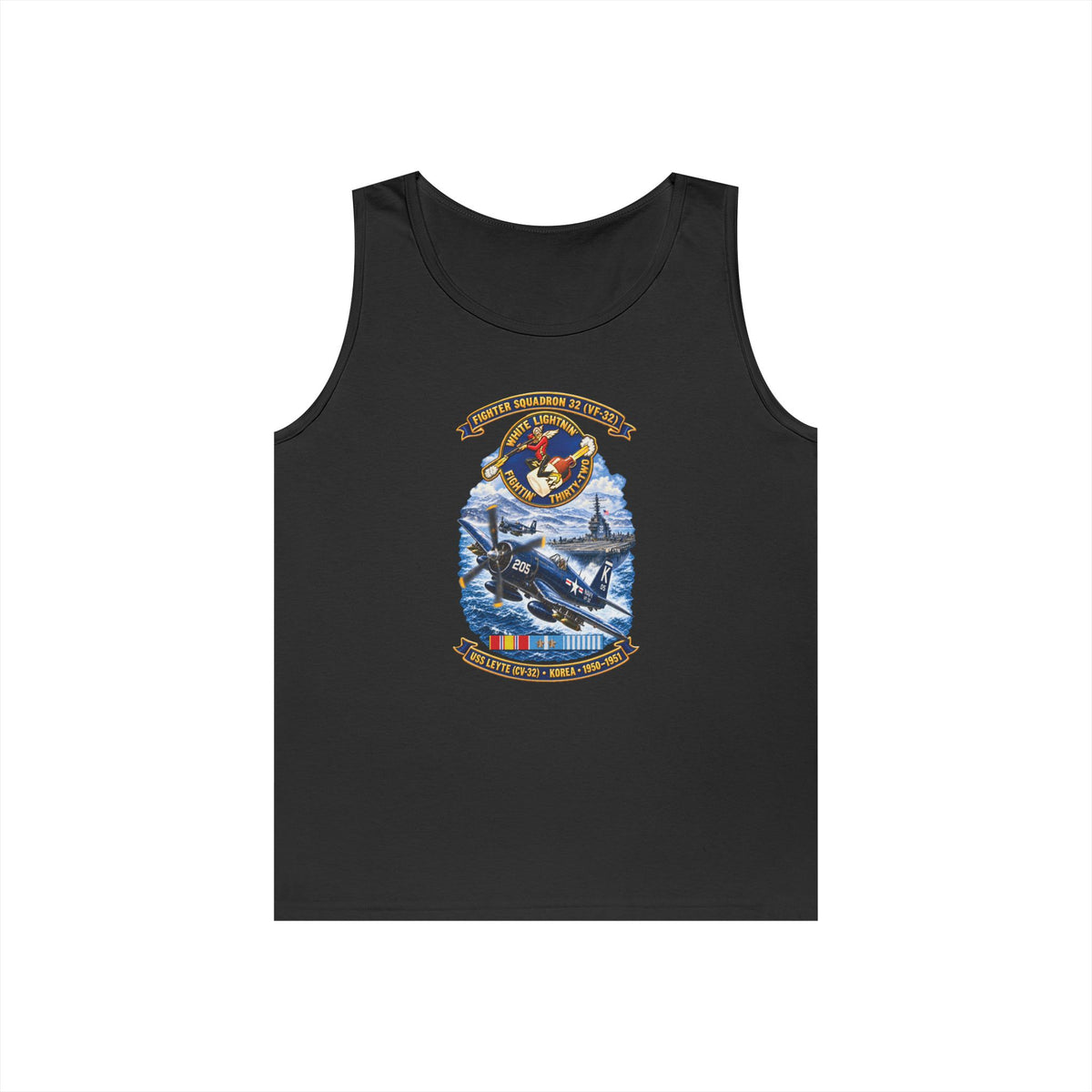 Unisex Heavy Cotton Tank Top - NAVY - VF 32  -White Lightnin - Fightin 32 - SSI - USS Leyte (CV32) - F4U-4 Corsair - Korea - 1950-1951- 3D - Enhanced