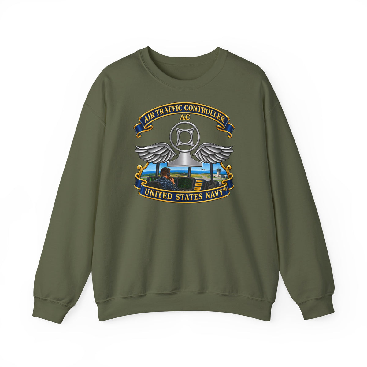 Unisex Heavy Blend™ Crewneck Sweatshirt -  Navy - Rate - Air Traffic Controller (AC) - with Scene - 3D - Enhanced