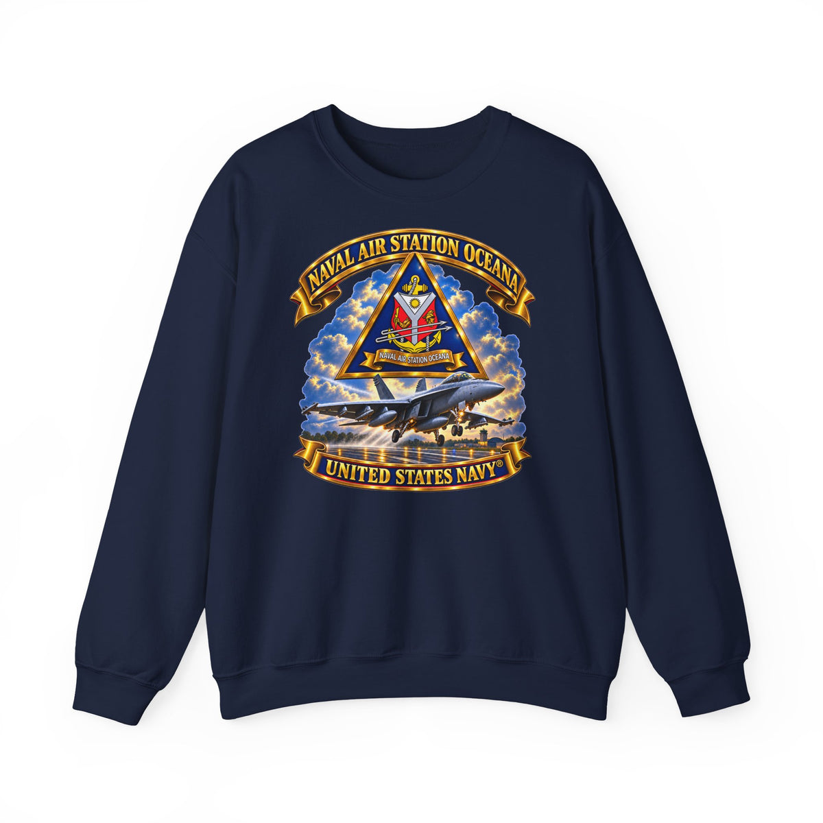 Unisex Heavy Blend™ Crewneck Sweatshirt -  Navy - Naval Air Station Oceana - Crest with Aircraft - United States Navy - 3D - Enhanced