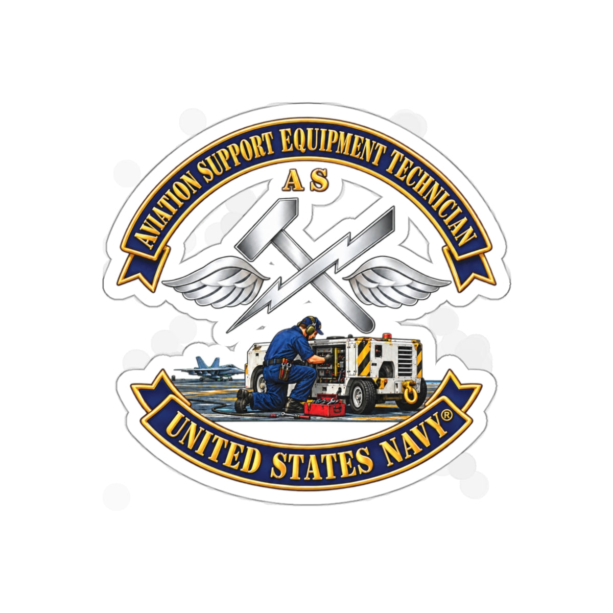 Die-Cut Vinyl Sticker - Navy - Rate - Aviation Support Equipment Technician (AS) with Scene - 3D - Enhanced