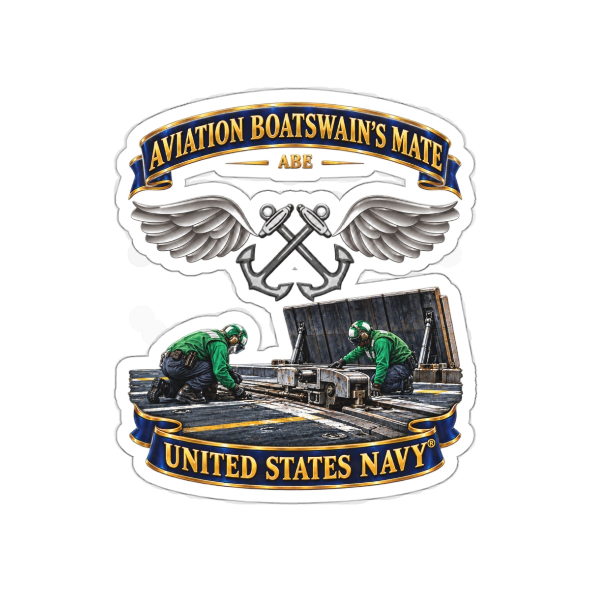 Die-Cut Vinyl Sticker - Navy - Rate - Aviation Boatswain's Mate (ABE) - with Scene - 3D - Enhanced