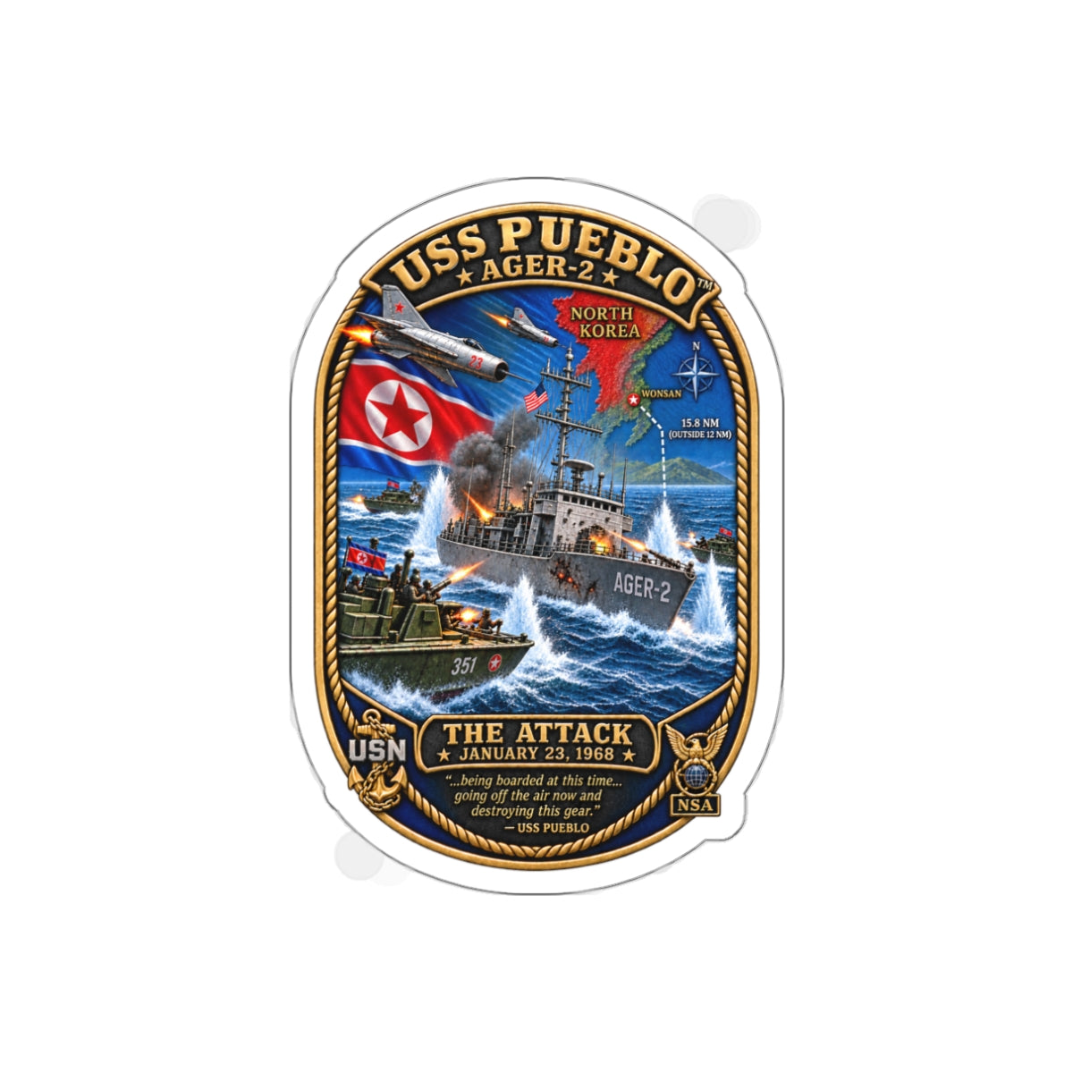 Die-Cut Vinyl Sticker - Navy - USS Pueblo Attack-Defense Commemorative Patch - 3D - Enhanced