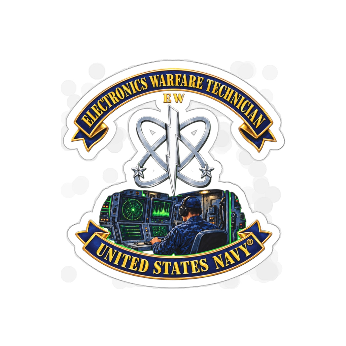 Die-Cut Vinyl Sticker - Navy - Rate - Electronics Warfare Technician with Scene - 3D - Enhanced